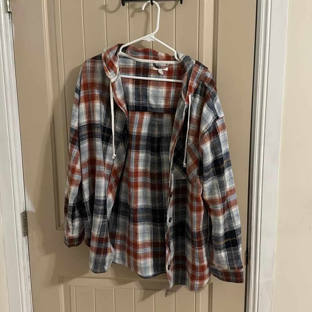 Long sleeve with hoodie plaid button up shirt